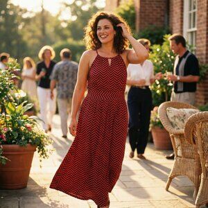 LOFT Chevron Maxi Dress Womens Medium Orange Navy Y2K Fall Boho Sleeveless